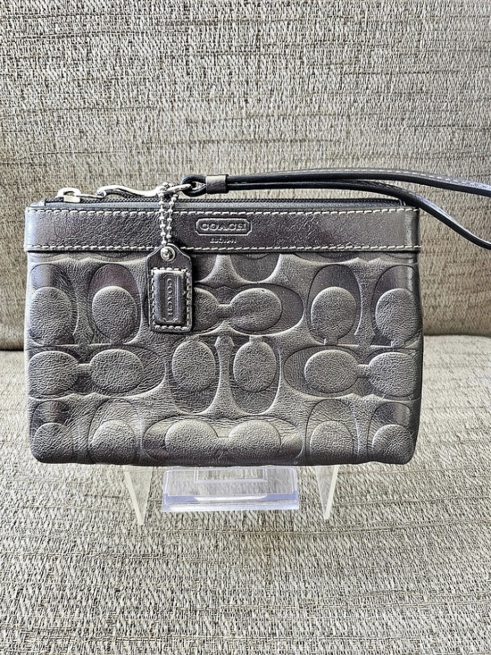 COACH Signature C Embossed Leather Wristlet Metallic Gunmetal Purple Interior